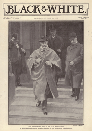 British Conservative politican and party leader Arthur Balfour leaving his consituency office in East Manchester after losing his seat in the 1906 General Election (litho)