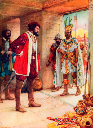 Montezuma a hostage in Cortes' hands (colour litho)