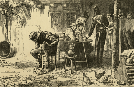Young man grieving the loss of his wife. Engraving 1873.