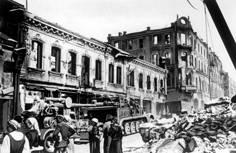 German vehicles pass Minsk, 1941 (b/w photo)