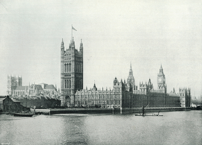 The Houses of Parliament, from the River: Westminster Abbey on the Left (b/w photo)