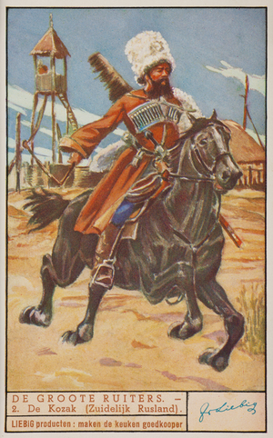 Liebig Chromos. Trade card. Series 1394, The greatest horse riders, no 2, the kozak. 1939.