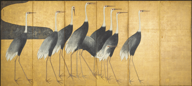 Six-panel screen depicting Cranes, Edo Period (ink, colour, gold & silver on paper)