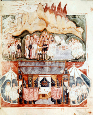 Moise receiving at the Sinai the Tables of the Law, illumination from "Pentateuch of Ashburnham" (or of Tours), end of the 6th century