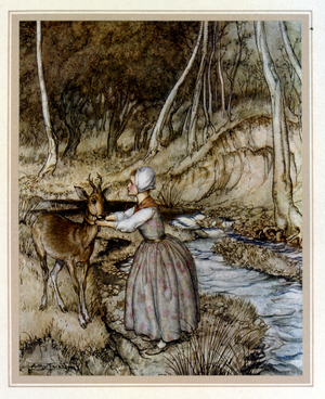 Illustration of a girl with a deer from the 1922 edition of 'Le Printemps sur la Neige'