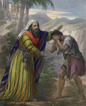 The Prodigal Son (coloured engraving)
