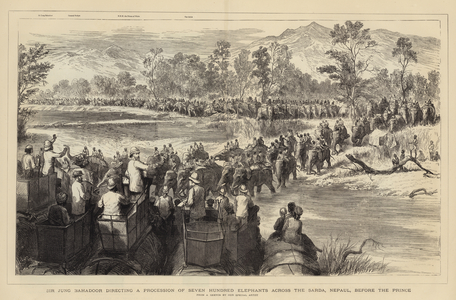 Sir Jung Bahadoor directing a Procession of Seven Hundred Elephants across the Sarda, Nepaul, before the Prince (engraving)