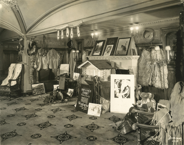 Universal's Colony Theatre, lobby with "Dude Ranch Exhibit" promoting The Long, Long Trail (1929), New York, USA, 1929 (gelatin silver photo)