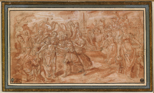 Laban and Rebecca Receiving Eliezer, 1561-62 (pen & brown ink with red wash & white heightening)