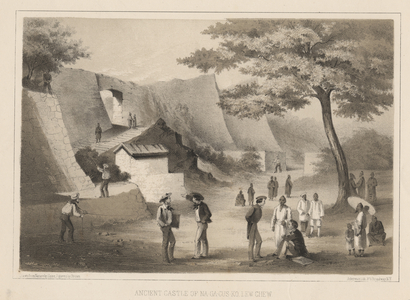 Ancient Castle of Na-Ga-Cus-Ko, Lew Chew, 1855 (litho)