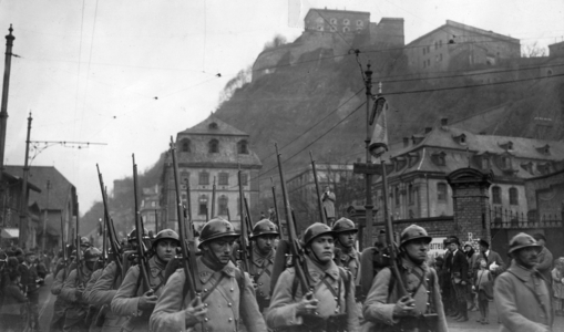 French soldiers vacate Koblenz, 1929 (b/w photo)