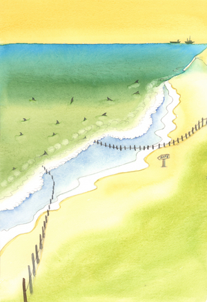 If we guide a person towards danger, we are responsible for their injuries, whether on a beach, or through publishing bad books, or in any area of life, 2003 (w/c on paper)