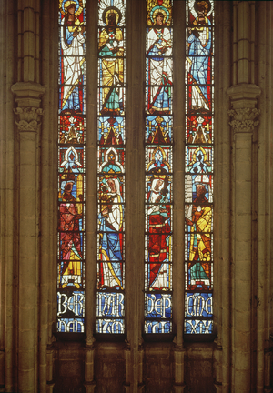 Stained glass window of angels wearing crowns, Bishop Bernard d'Abbeville and Virgin and Child, 1269 (stained glass)