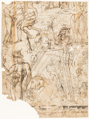 Verso: Figures and Architectural details (pen & ink on paper)