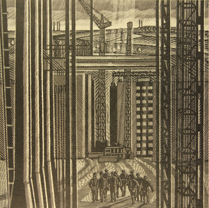 The Construction site of the Oskol Electrometallurgical Industrial Complex, 1969 (linocut)