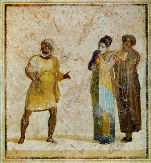 Three actors on a stage, acting out an Atellan Farce