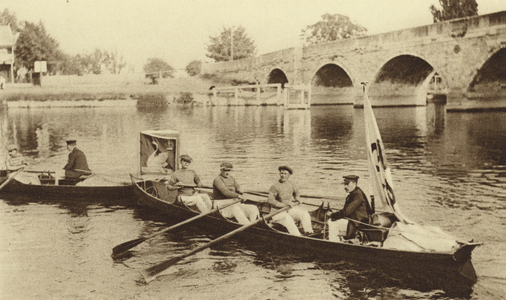 Ancient custom of two City guilds: swan upping on the Thames (b/w photo)