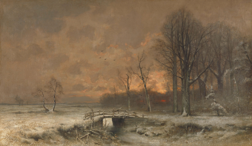 Winter Scene with the Sun Setting Behind Trees, 1880-1930 (oil on canvas)