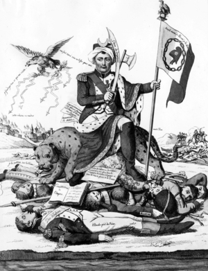 cartoon of French emperor Napoleon 1st establishing his power over corpses and casualties , engraving 1815