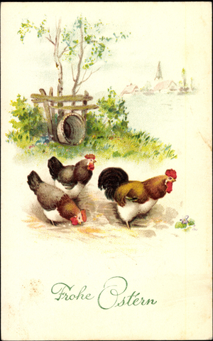 Congratulations Easter, Rooster with hens in the yard