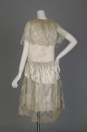 Wedding dress and accessories, 1930 (back oblique view), Silk satin and lace, silk flowers, Maker unknown