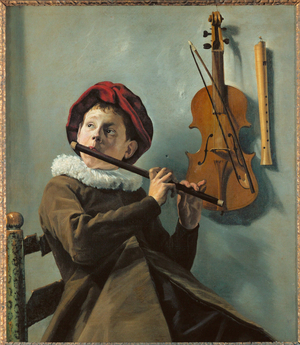 Boy playing the flute (painting on canvas)