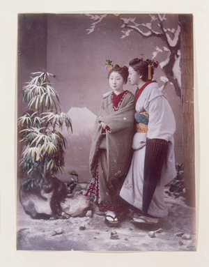 2 Women in Snow with Mt. Fuji in Background (Studio Scene), 1879-85 (hand coloured photo)