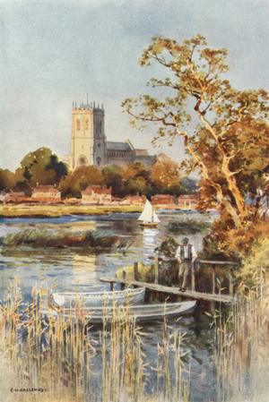 Christchurch Priory from Wick Ferry (colour litho)