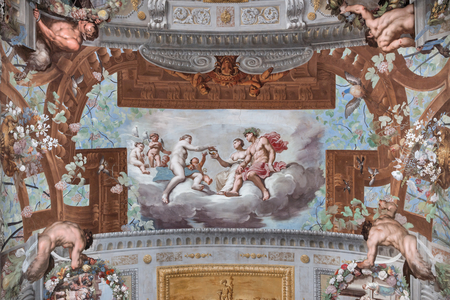 Venus gives the crown to Ariadne; on the clouds Venus, surrounded by cupids, offers the crown of Vulcan to Ariadne seated next to Bacchus, 1650-52 (wall tempera painting)
