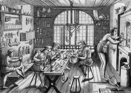 Interior of the workshop of Etienne de Laulne, famous silverworm of Paris in the 16th century draws and grave by himself