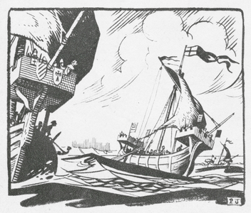 The Cinque Ports' fleet sails out from Dover (litho)