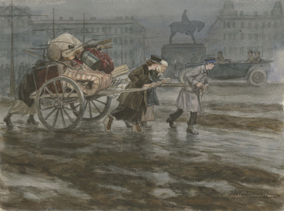 Family moving its belongings on a cart, 1917-22 (w/c on paper)