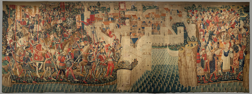 Parish museum of tapestries (Museo Parroquial de Tapices de Pastrana). Flemish tapestry. Conquest of Tanger (Toma de Tánger, De inname van Tanger). Series Conquests of king Alfonso I of Portugal (Conquistas de Alfonso V de Portugal). Tournai. Wool and silk. 1472-1480. 368x1108cm.