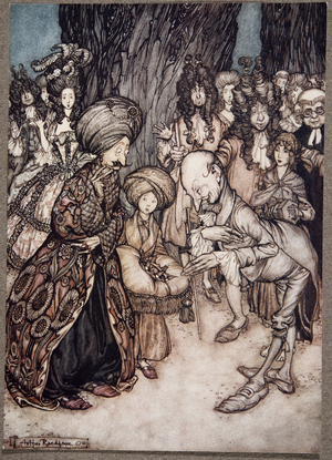 "My Lord Duke", said the physician elatedly, "I have the honour to inform your excellency that your grace is in love".., from Peter Pan in Kensington Gardens by J M Barrie (1860 - 1937), pub. 1906 (colour litho)
