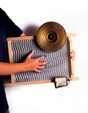 Washboard with cymbal and cowbell