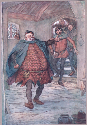 "Enter Falstaff, pistol, Nym and Bardolph", illustration from 'The Merry Wives of Windsor ', 1910 (colour litho)