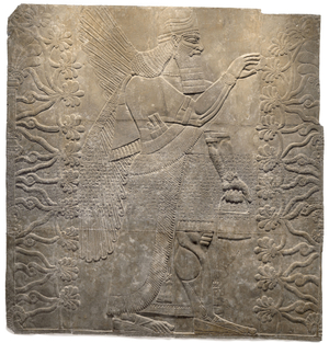 Relief of winged, human-headed genie from the Palace of Ashurnasirpal II, 883-859 B.C.E. (alabaster)