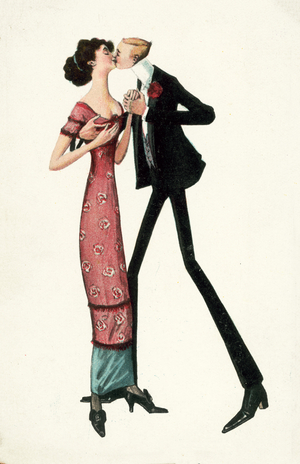 Kissing Edwardian couple (colour litho)