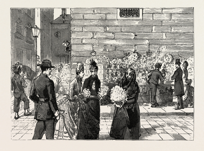 Florence, Italy, a Flower Stall at the Corner of the Strozzi Palace, Via Tornabuoni, 1888 Engraving