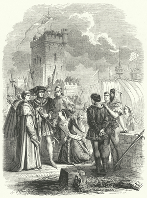 Jacqueline of Bavaria, Countess of Hainaut, pleading for the life of her husband, Frank van Borssele, at Rupelmonde Castle, 1433 (engraving)