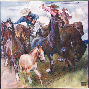 Away he went-wild buffalo-wild horse and wild huntsman (colour litho)