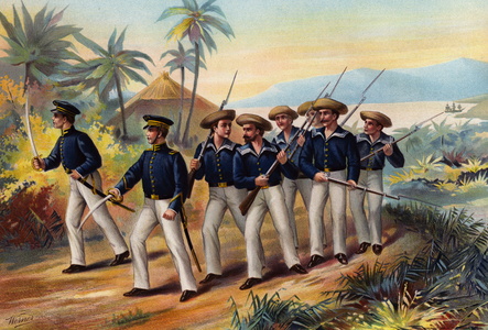 US Navy, Lieutenant, Midshipman and Armed Seamen, 1830 (colour litho)