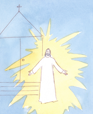 As we enter the church, Christ greets us from the tabernacle. He delights especially when we love and honour His Mother on her feast days., 2004 (w/c on paper)