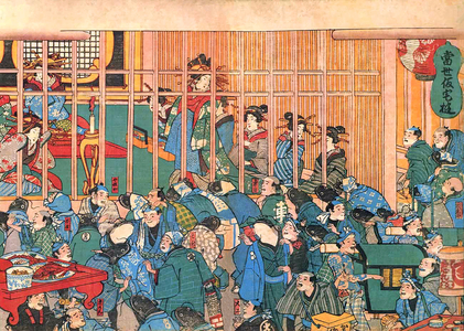 Japan: Woodblock print depicting catfish and newly prosperous construction workers partying in the Yoshiwara red-light district, 1855