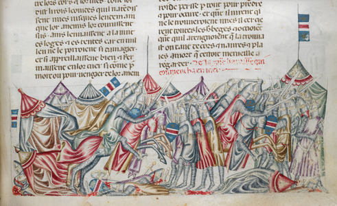 Royal 20 D. I, f.222 Leonidas attacks the Persians, illustration from 'Faits des Romains', c.1340 (vellum)