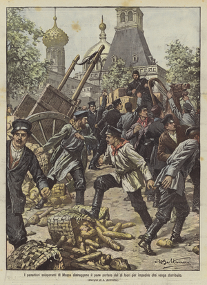 Moscow's striking bakers destroy bread brought from outside to prevent it from being distributed (colour litho)