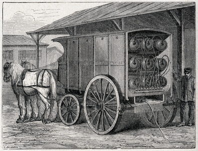Science. Energy. Horse car for the tranport of the compressed gas. Engraving in: Grands hommes et grands faits de l'industrie, France, c.1880 (engraving)