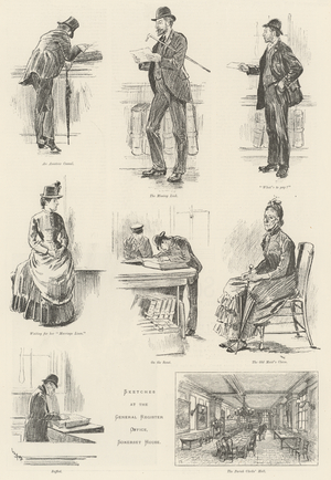 Sketches at the General Register Office, Somerset House (litho)