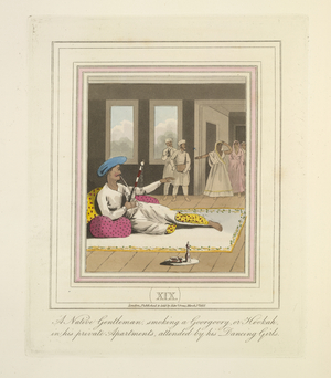 A native gentleman, smoking a goorgoory, or hookah, in his prviate apartments, attended by his dancing girls
