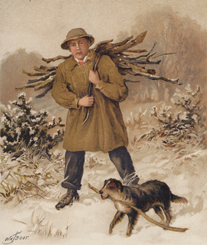 Man and dog collecting firewood (chromolitho)